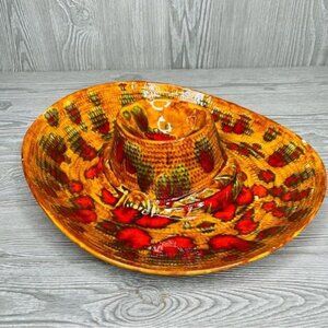 Vintage 1973 ceramic glazed sombrero hat chips and dip party tray entertain bowl
